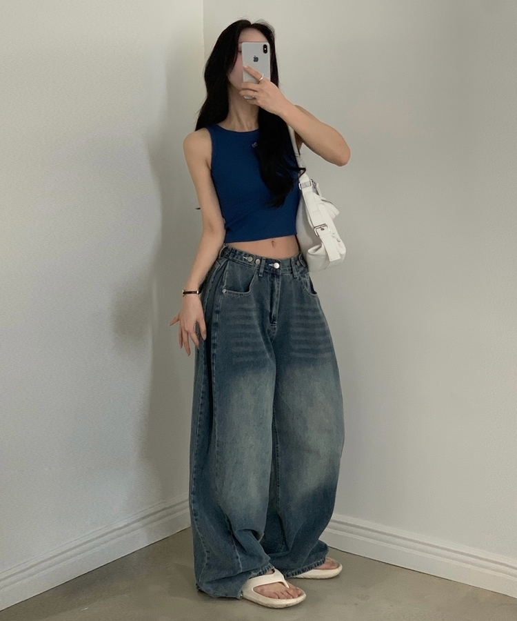 폴딩 사이드 비조 핀턱 4way 워싱 와이드 데님롱팬츠 4color 중청