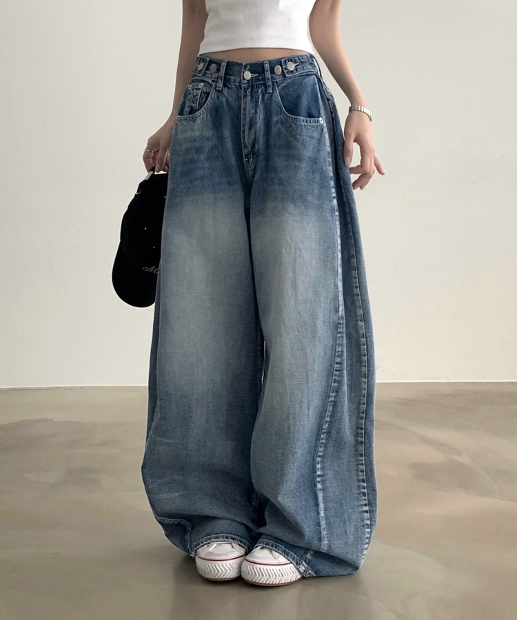 폴딩 사이드 비조 핀턱 4way 워싱 와이드 데님롱팬츠 4color 연청