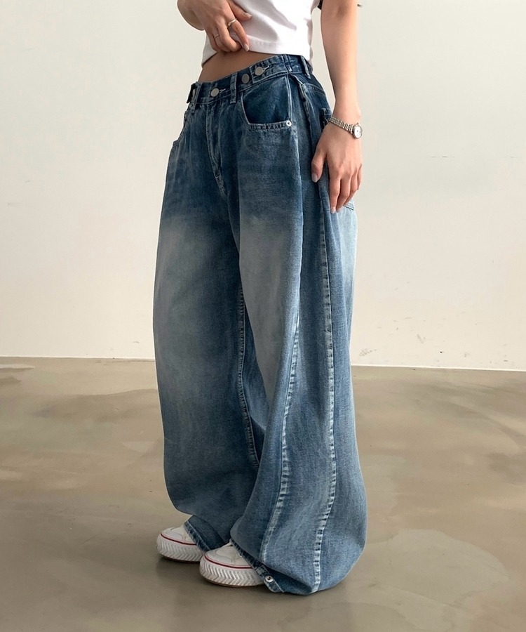폴딩 사이드 비조 핀턱 4way 워싱 와이드 데님롱팬츠 4color 연청