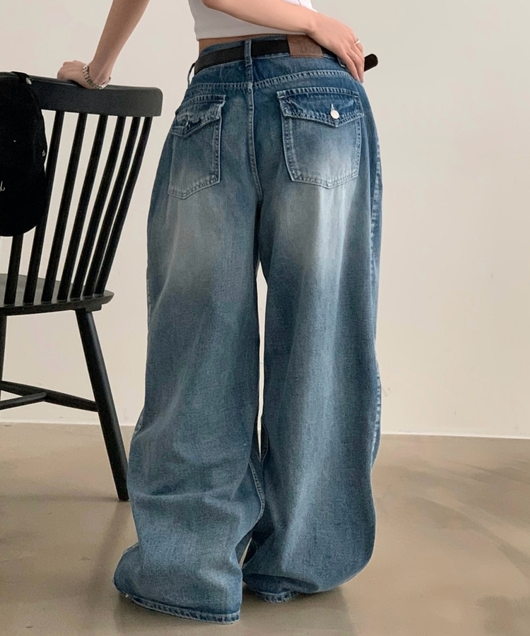 폴딩 사이드 비조 핀턱 4way 워싱 와이드 데님롱팬츠 4color 연청