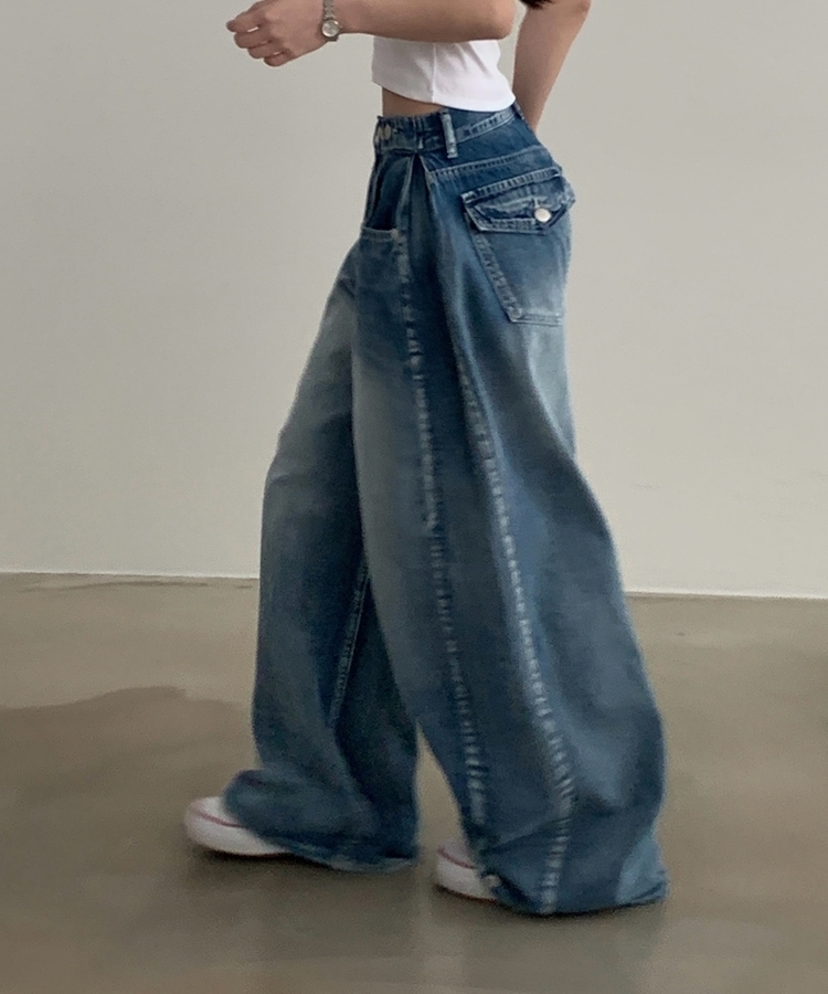 폴딩 사이드 비조 핀턱 4way 워싱 와이드 데님롱팬츠 4color 연청