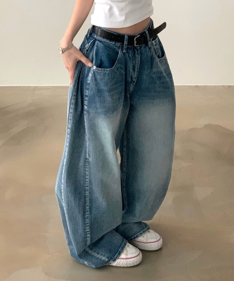 폴딩 사이드 비조 핀턱 4way 워싱 와이드 데님롱팬츠 4color 연청
