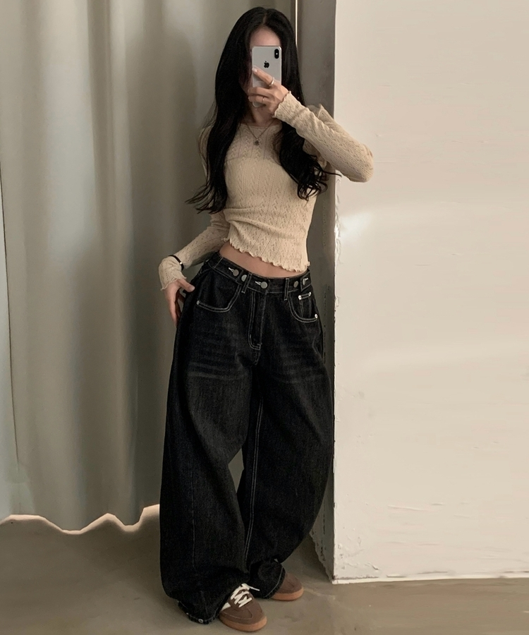 폴딩 사이드 비조 핀턱 4way 워싱 와이드 데님롱팬츠 4color 흑청