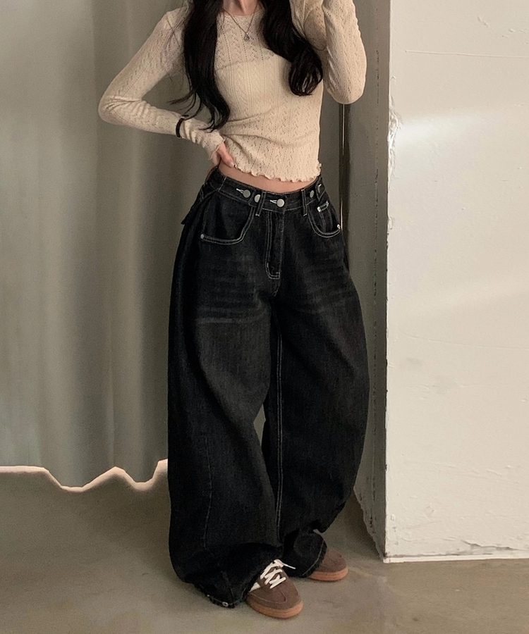 폴딩 사이드 비조 핀턱 4way 워싱 와이드 데님롱팬츠 4color 흑청