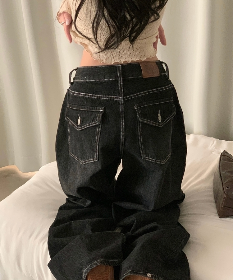 폴딩 사이드 비조 핀턱 4way 워싱 와이드 데님롱팬츠 4color 흑청