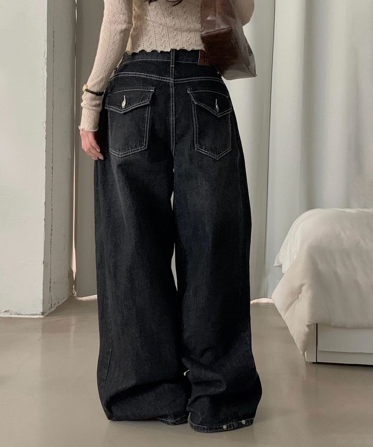 폴딩 사이드 비조 핀턱 4way 워싱 와이드 데님롱팬츠 4color 흑청