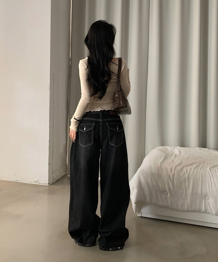 폴딩 사이드 비조 핀턱 4way 워싱 와이드 데님롱팬츠 4color 흑청