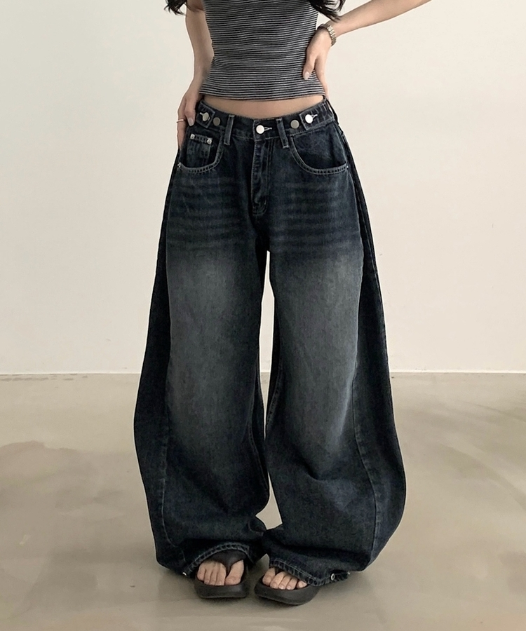 폴딩 사이드 비조 핀턱 4way 워싱 와이드 데님롱팬츠 4color 진청