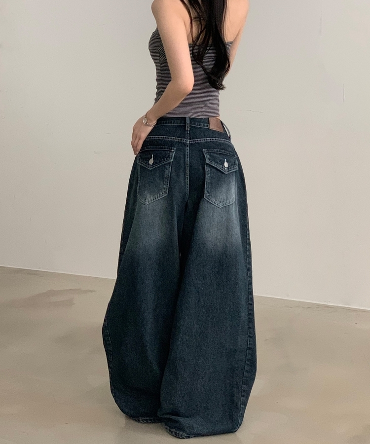 폴딩 사이드 비조 핀턱 4way 워싱 와이드 데님롱팬츠 4color 진청