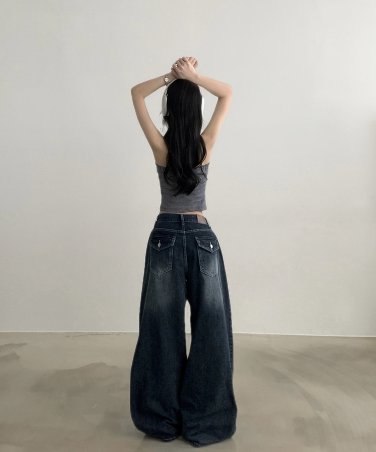 폴딩 사이드 비조 핀턱 4way 워싱 와이드 데님롱팬츠 4color 진청