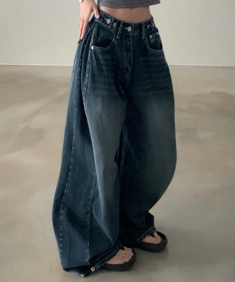 폴딩 사이드 비조 핀턱 4way 워싱 와이드 데님롱팬츠 4color 진청
