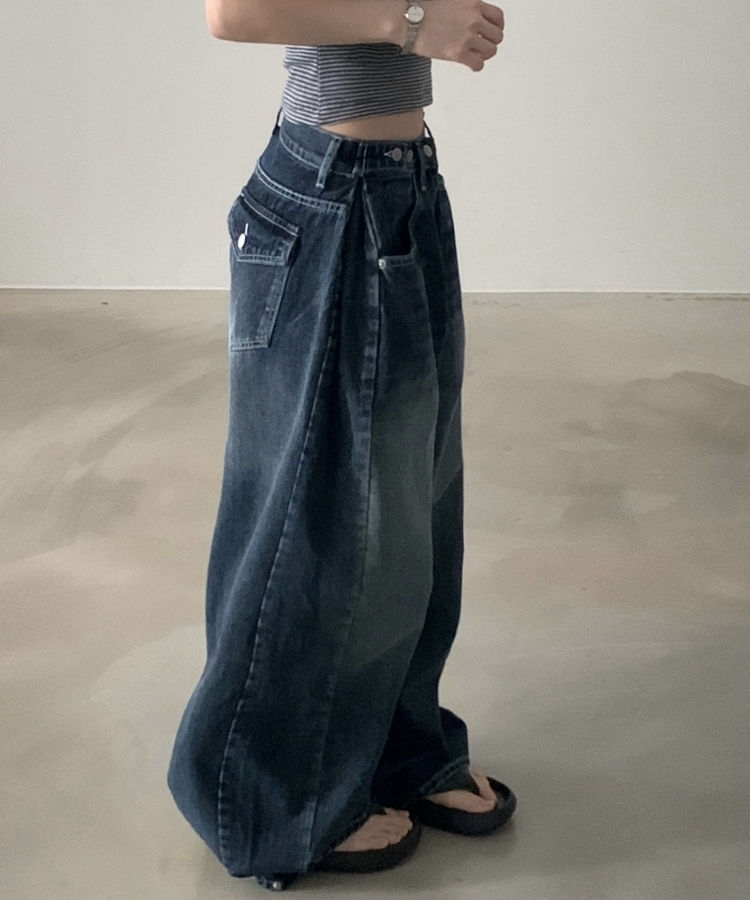 폴딩 사이드 비조 핀턱 4way 워싱 와이드 데님롱팬츠 4color 진청