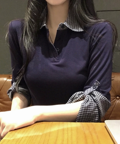 チェックレイヤード長袖Tシャツ NAVY