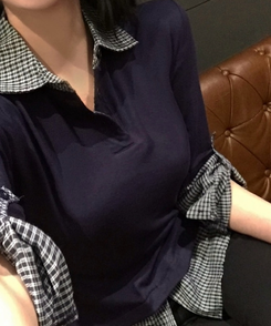チェックレイヤード長袖Tシャツ NAVY