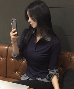 チェックレイヤード長袖Tシャツ NAVY