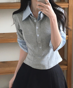 チェックレイヤード長袖Tシャツ GREY