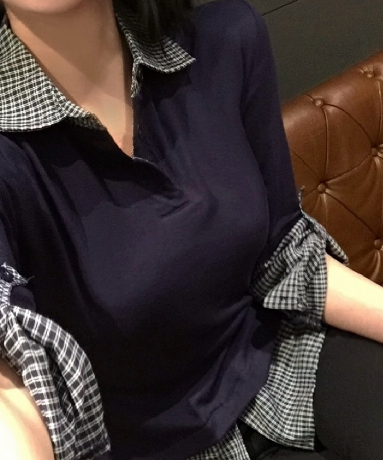 チェックレイヤード長袖Tシャツ NAVY