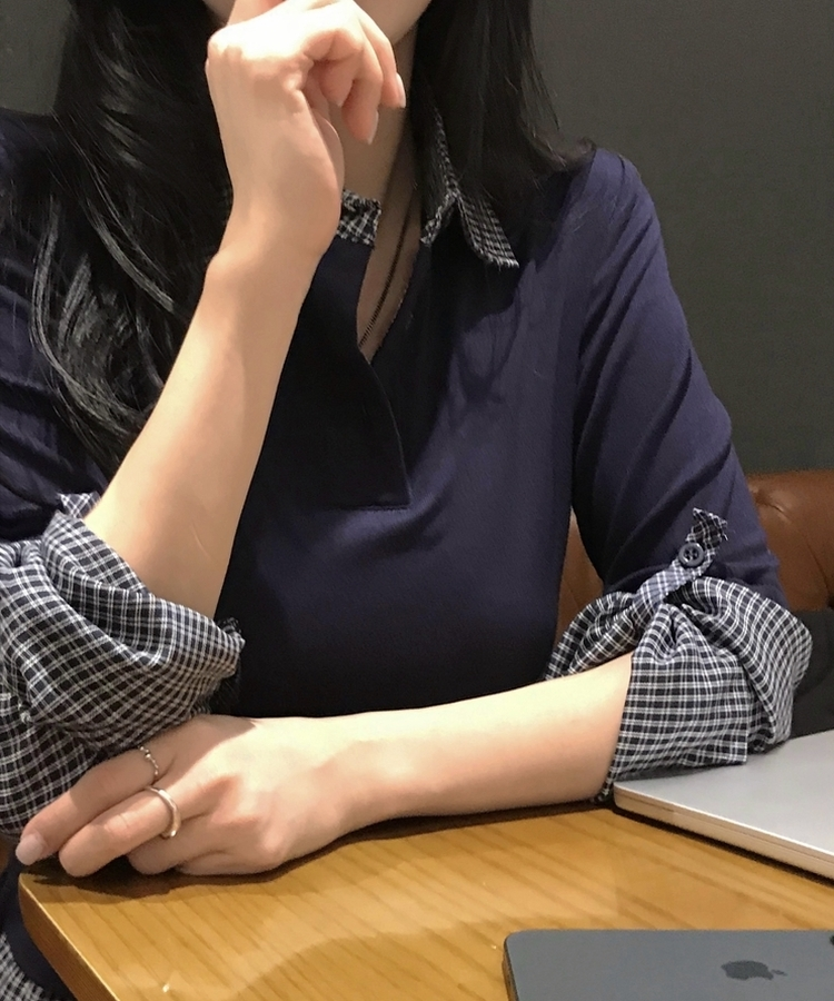 チェックレイヤード長袖Tシャツ NAVY