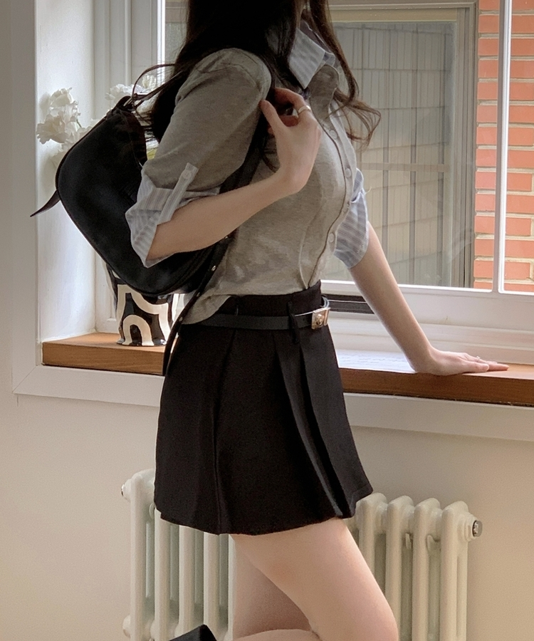 チェックレイヤード長袖Tシャツ GREY