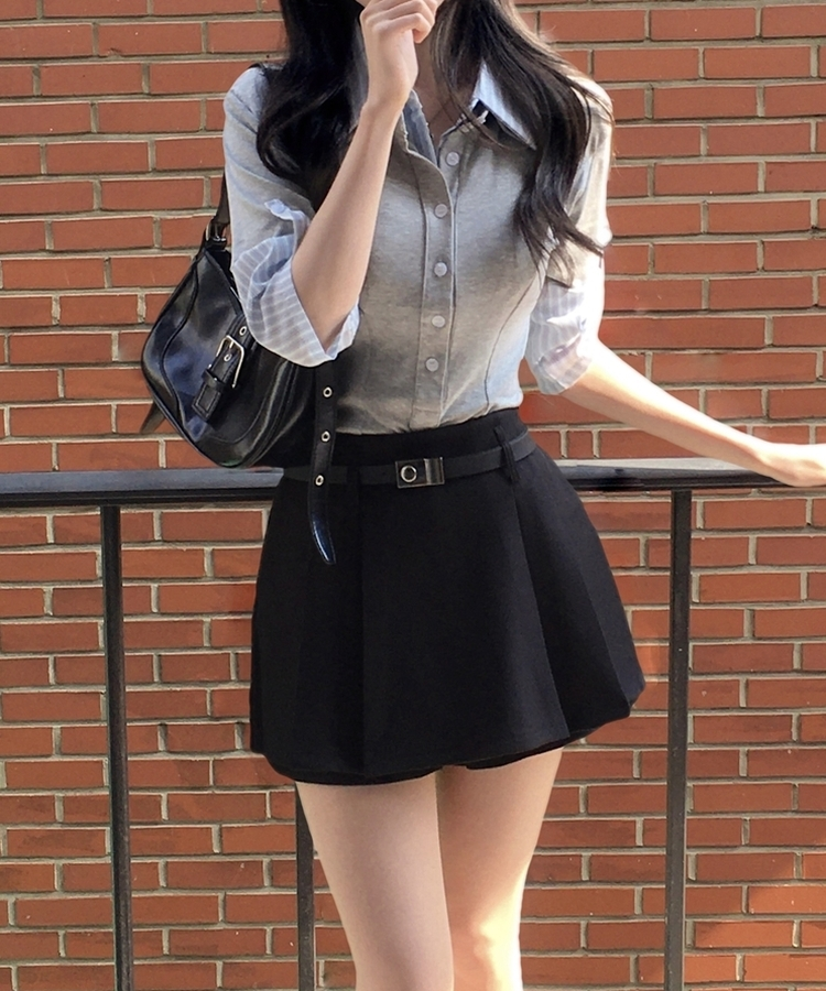 チェックレイヤード長袖Tシャツ GREY