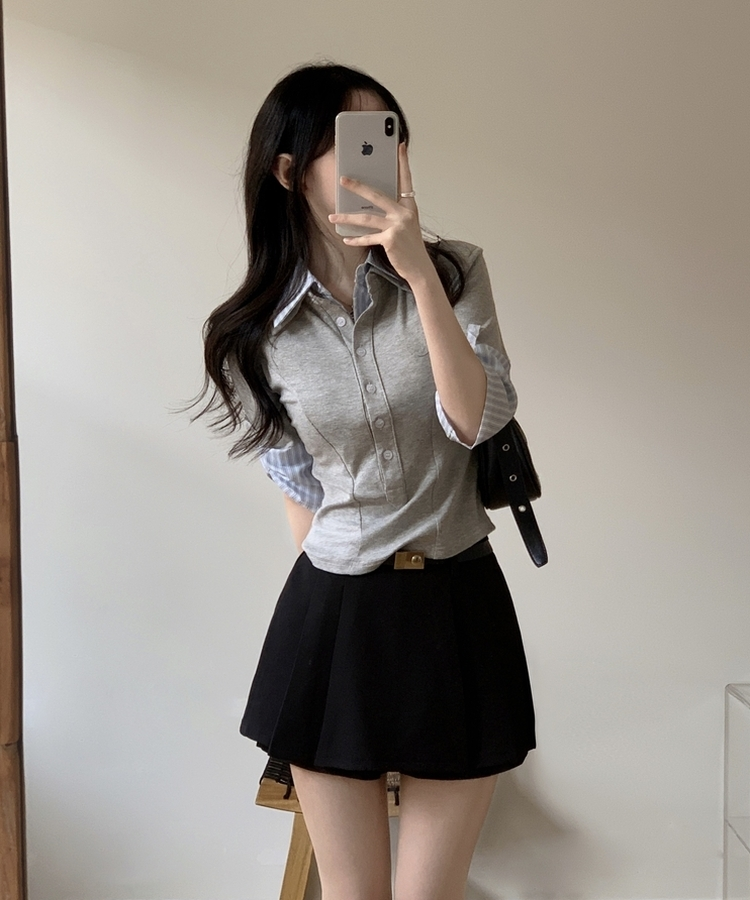 チェックレイヤード長袖Tシャツ GREY