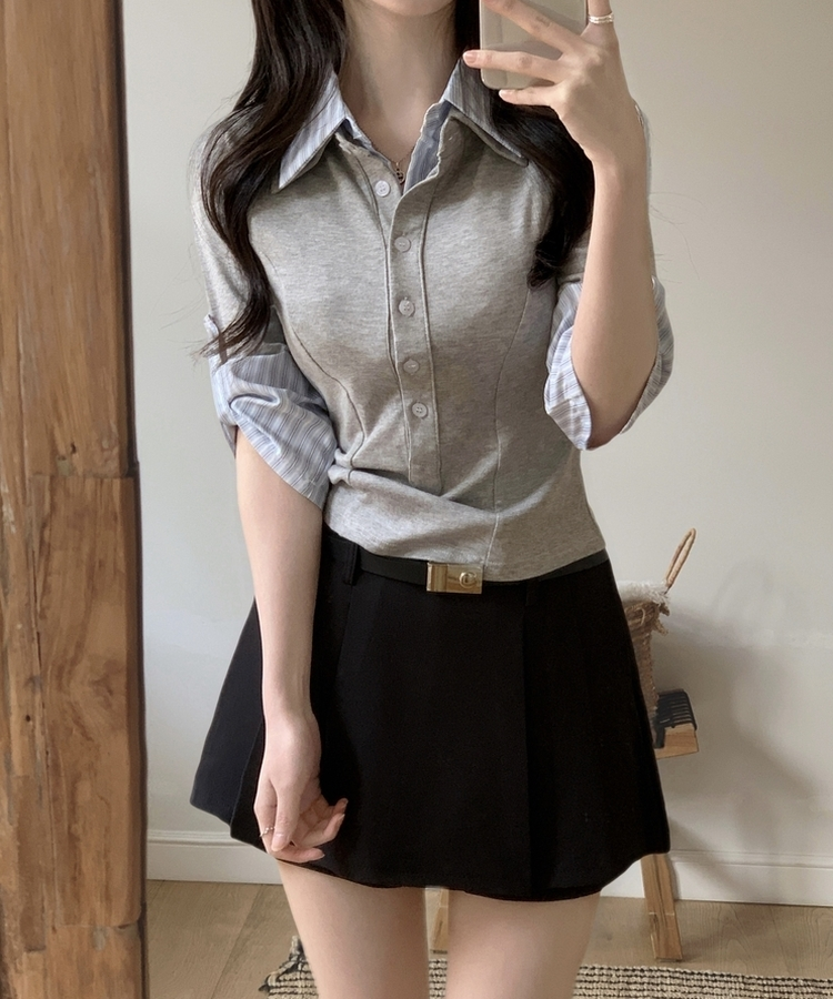 チェックレイヤード長袖Tシャツ GREY