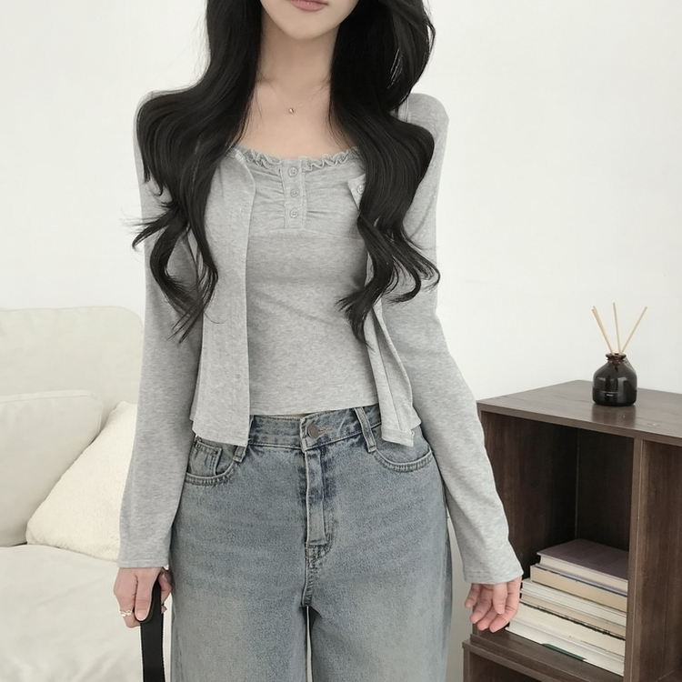 【SET】レースフリルキャミソール 長袖カーディガン GREY