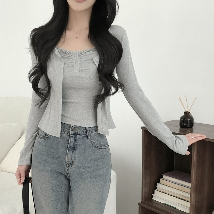 【SET】レースフリルキャミソール 長袖カーディガン GREY