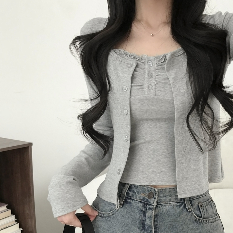 【SET】レースフリルキャミソール 長袖カーディガン GREY