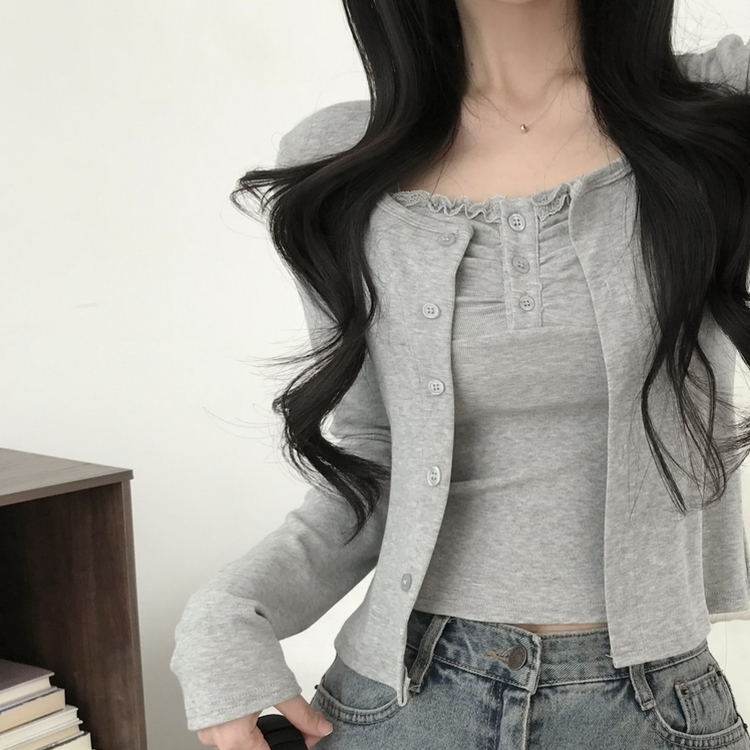 【SET】レースフリルキャミソール 長袖カーディガン GREY
