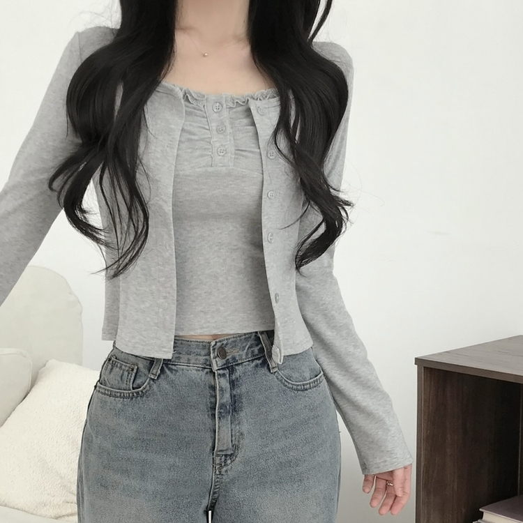 【SET】レースフリルキャミソール 長袖カーディガン GREY