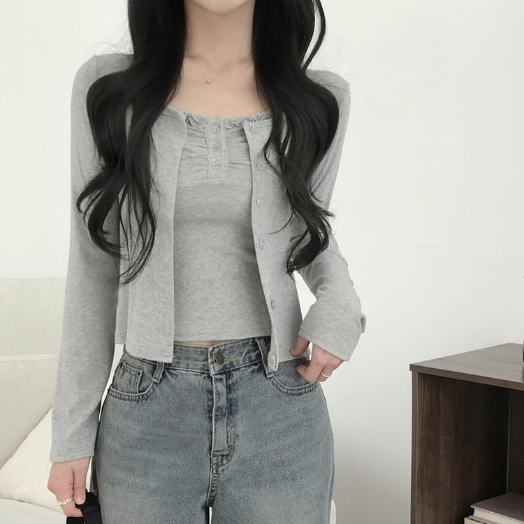 【SET】レースフリルキャミソール 長袖カーディガン GREY