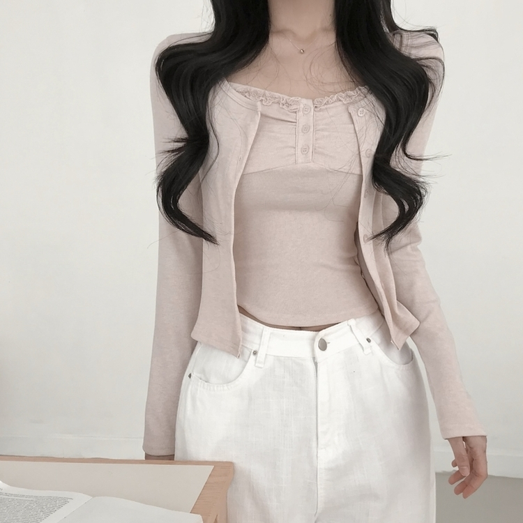 【SET】レースフリルキャミソール 長袖カーディガン PINK