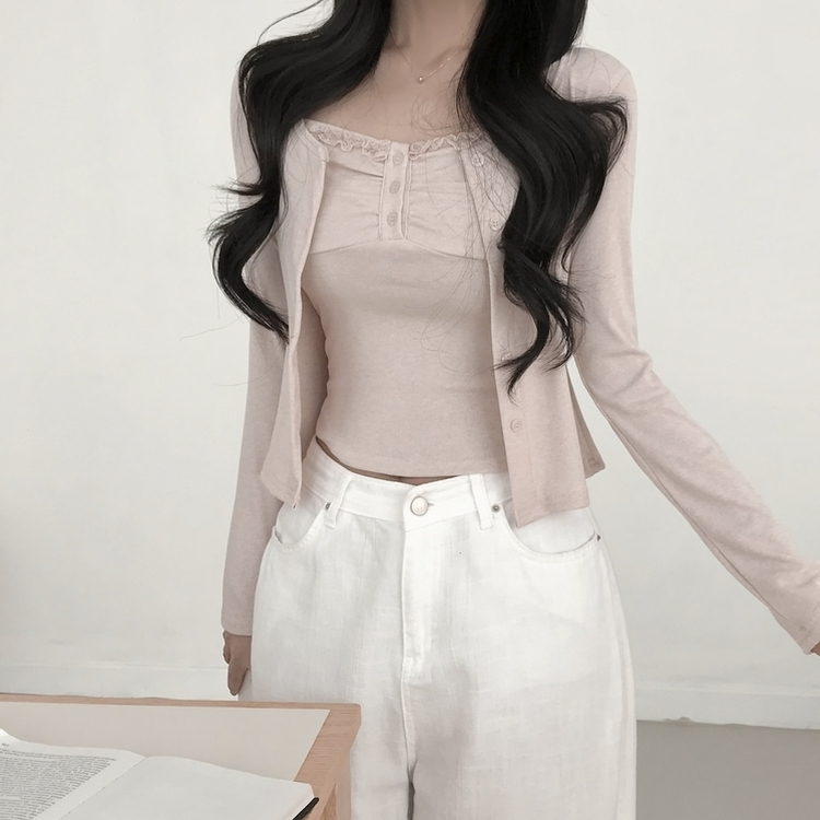 【SET】レースフリルキャミソール 長袖カーディガン PINK