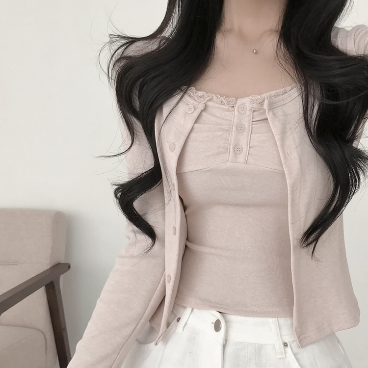 【SET】レースフリルキャミソール 長袖カーディガン PINK