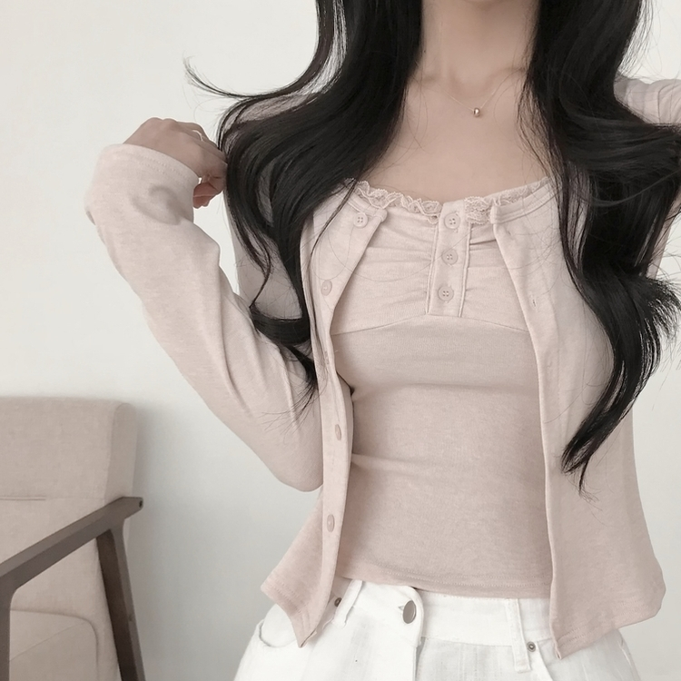 【SET】レースフリルキャミソール 長袖カーディガン PINK