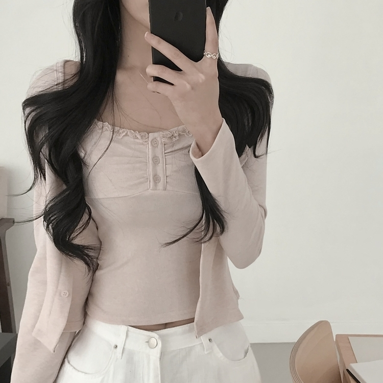 【SET】レースフリルキャミソール 長袖カーディガン PINK