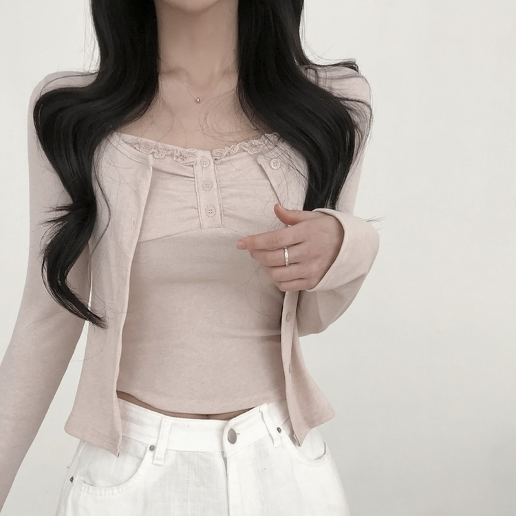 【SET】レースフリルキャミソール 長袖カーディガン PINK