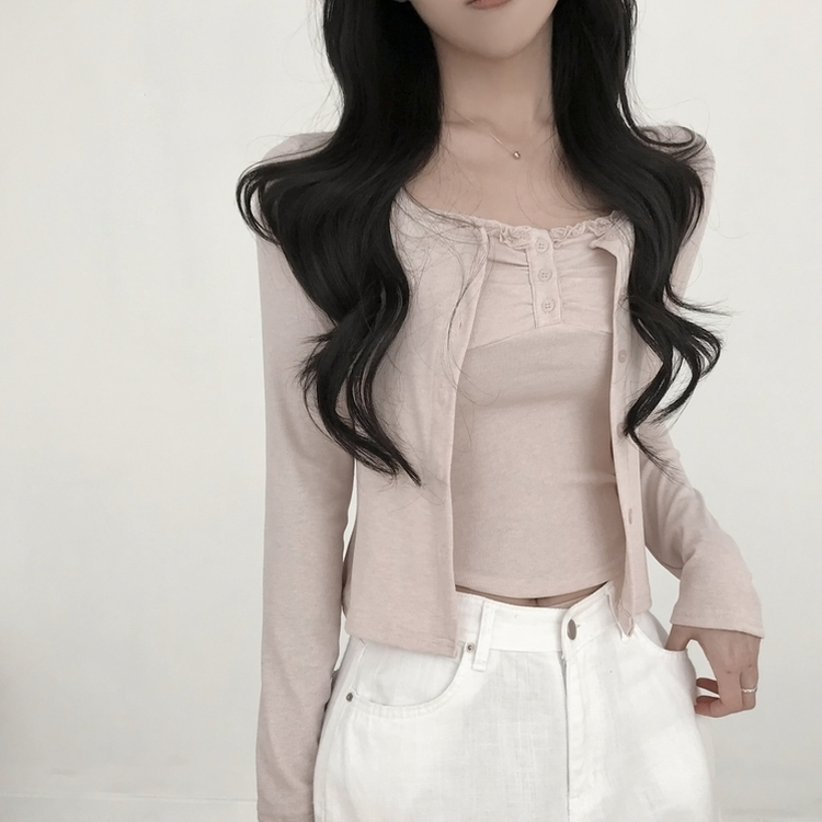 【SET】レースフリルキャミソール 長袖カーディガン PINK