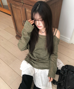 【SET】【ベルト付き】シースルーワンショルダーニット＋キャミソール KHAKI