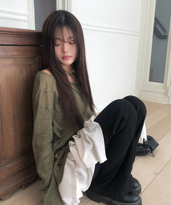 【SET】【ベルト付き】シースルーワンショルダーニット＋キャミソール KHAKI