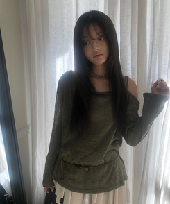 【SET】【ベルト付き】シースルーワンショルダーニット＋キャミソール KHAKI