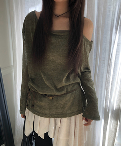 【SET】【ベルト付き】シースルーワンショルダーニット＋キャミソール KHAKI