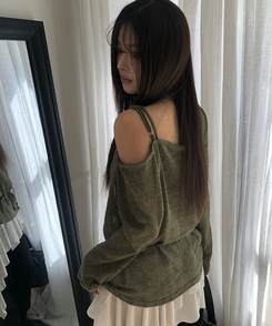 【SET】【ベルト付き】シースルーワンショルダーニット＋キャミソール KHAKI