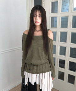 【SET】【ベルト付き】シースルーワンショルダーニット＋キャミソール KHAKI