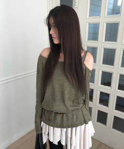 【SET】【ベルト付き】シースルーワンショルダーニット＋キャミソール KHAKI