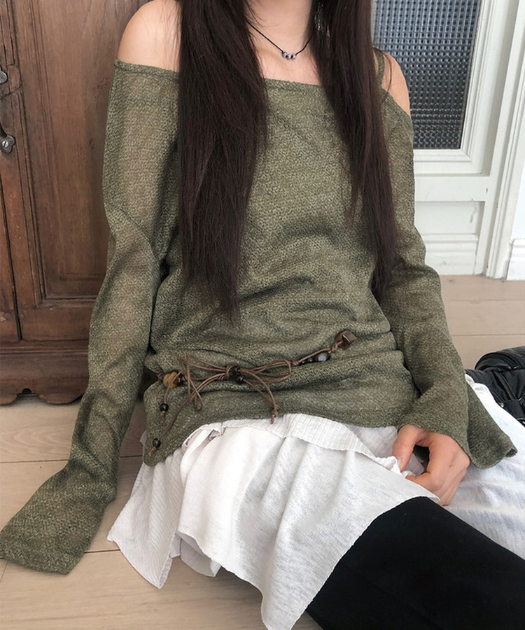 【SET】【ベルト付き】シースルーワンショルダーニット＋キャミソール KHAKI