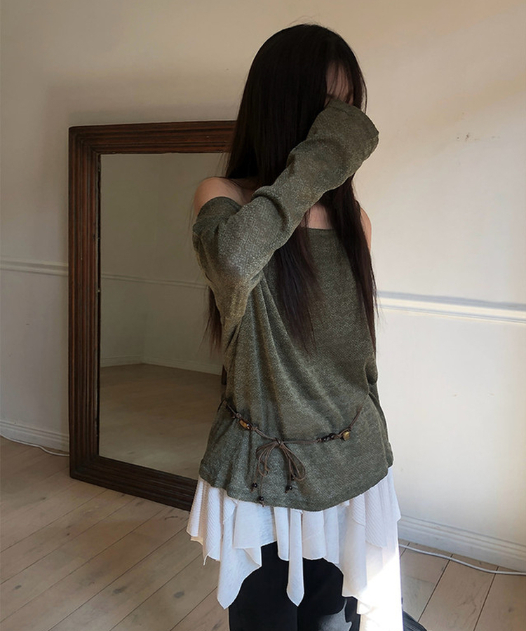 【SET】【ベルト付き】シースルーワンショルダーニット＋キャミソール KHAKI