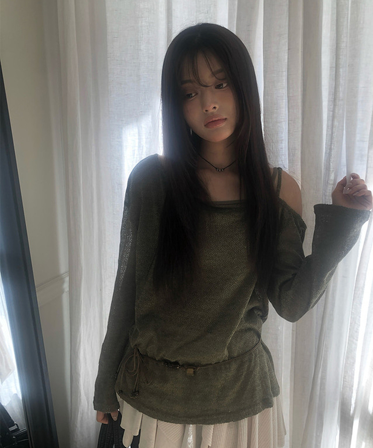 【SET】【ベルト付き】シースルーワンショルダーニット＋キャミソール KHAKI