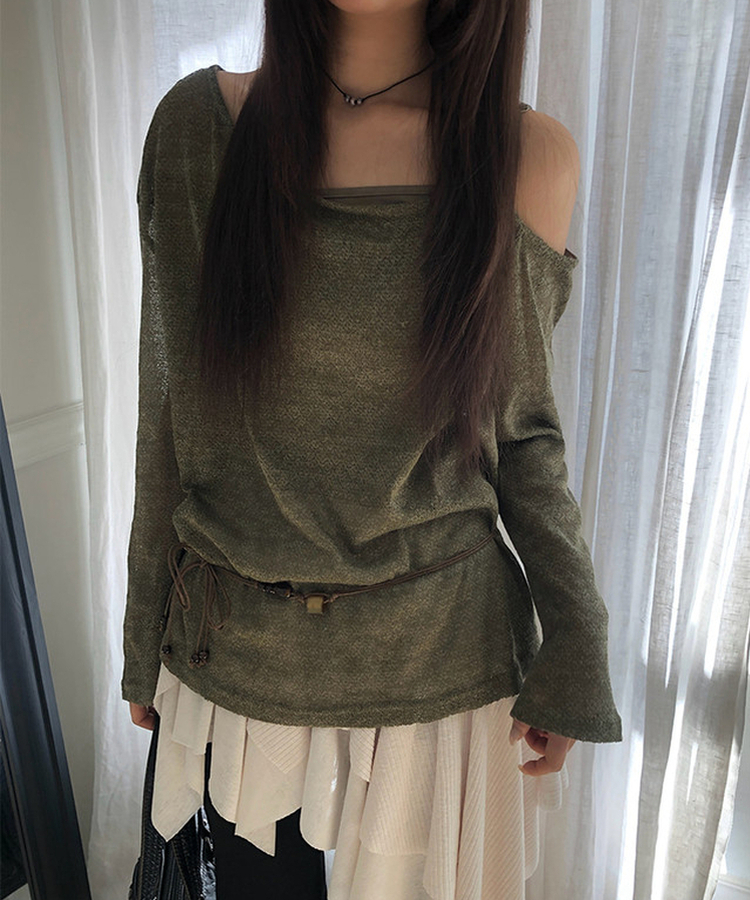 【SET】【ベルト付き】シースルーワンショルダーニット＋キャミソール KHAKI